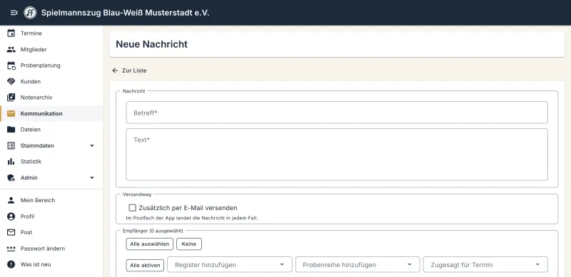 Neue Nachricht mit Auswahl der Empfänger nach Register, Probenreihe oder Termin