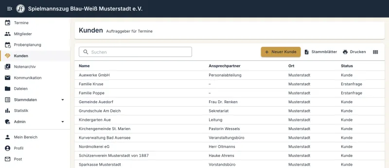 Kundenakte eines Auftraggebers mit Vorgaben für Auftritte