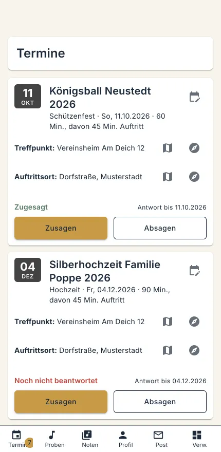 Mitgliederbereich auf dem Telefon mit den nächsten Terminen