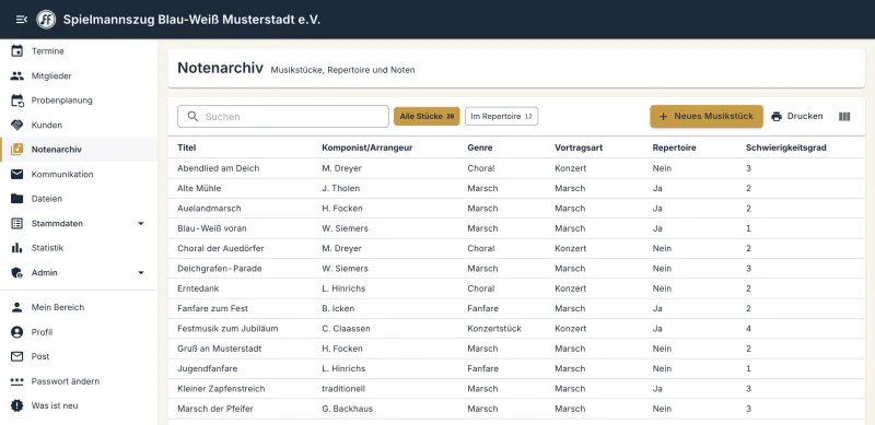 Notenarchiv mit Titeln, Komponisten und Dateien